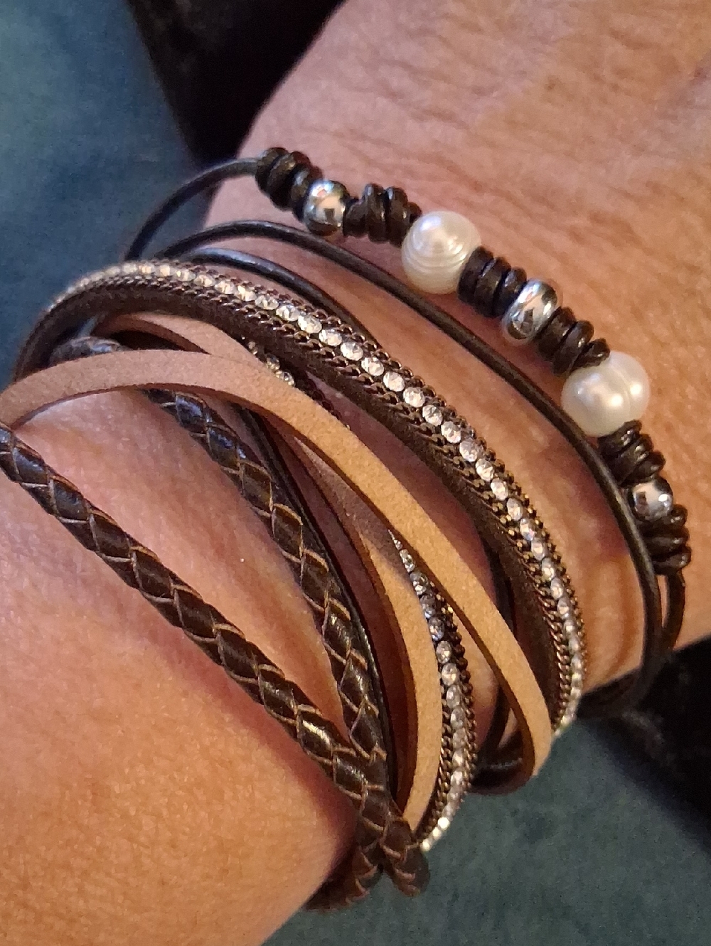 Express Brown Multi-Strand Leather Wrap Bracelet with Pearls and Rhinestones